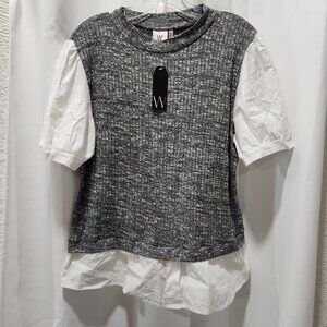 Wrapper - Faux layered grey sweater vest and white shirt top